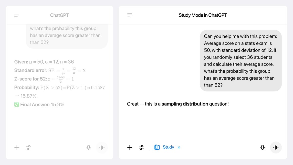 As ChatGPT becomes a go-to tool for students, we’re committed to ensuring it fosters deeper understanding and learning. Introducing study mode in ChatGPT — a learning experience that helps you work through problems step-by-step instead of just getting an answer.