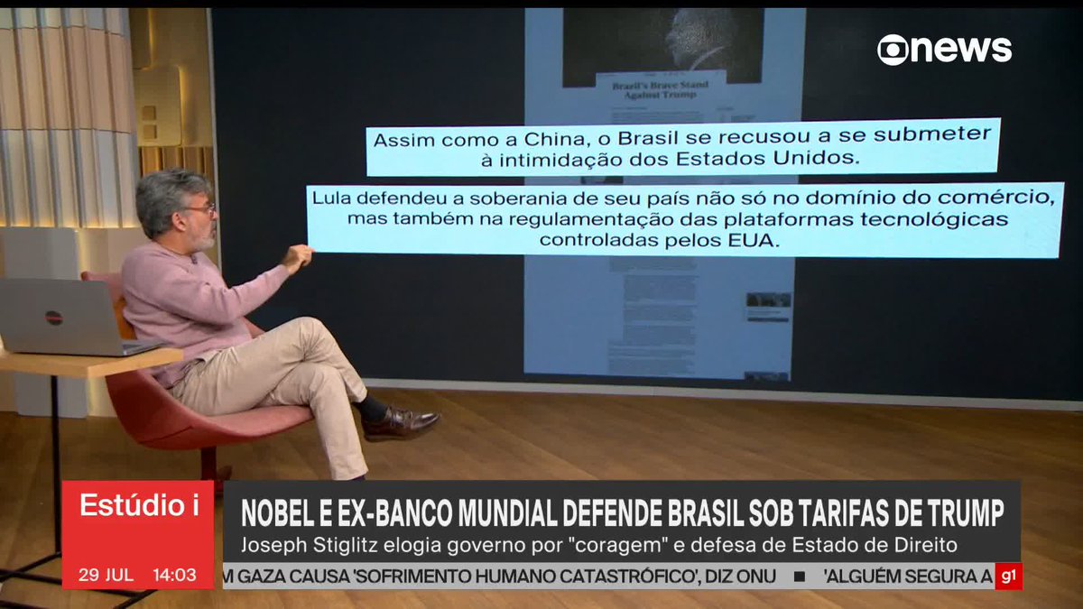 Depois de Paul Krugman, vencedor do Nobel de Economia de 2008, defender o Brasil contra as tarifas de Donald Trump, o ex-presidente do Banco Mundial Joseph Stiglitz, Nobel de Economia de 2008, fez o mesmo ao analisar “a corajosa posição do Brasil contra Trump”. Segundo Stiglitz, “mais uma vez, Trump deixou claro que adora tarifas e abomina o Estado de Direito”. “Ou seja, é contra o livre comércio, que sempre foi defendido pelos Estados Unidos, e tem questões sérias em relação à democracia, também”, diz Marcelo Lins. Saiba mais. ➡ Assista ao #Estúdioi: #GloboNews