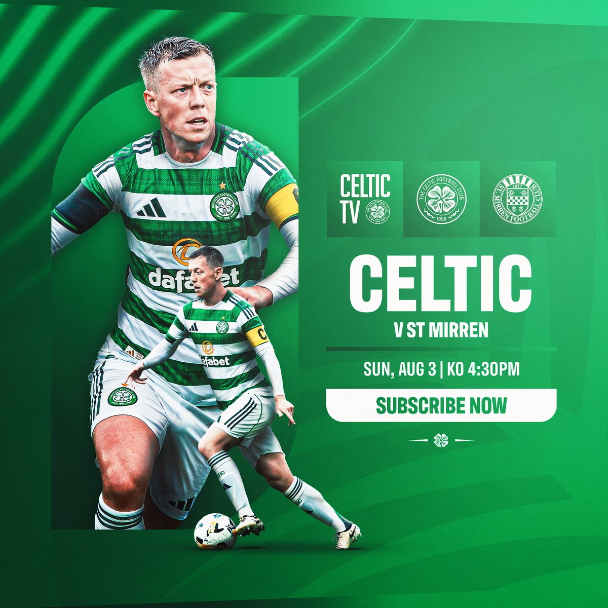 🏟️ It’s Flag Day at Paradise! The Champions return home to unfurl the league flag and kick-off the new Premiership campaign against St. Mirren! 📺 Watch it LIVE on Celtic TV (Outside UK &amp; Ireland only) 🕒 KO: 4:30pm on Sunday (Aug 3) ✍️ Subscribe Now! #CELSTM | Celtic Football Club🍀