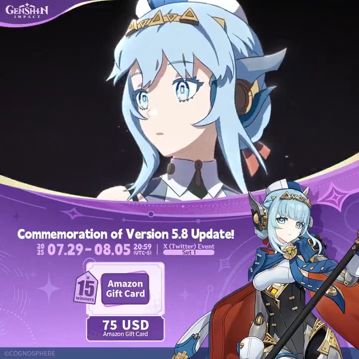 ✨Set 1✨ Commemoration of Version 5.8 Update 🎁Participate in the event for a chance to win a $75 Amazon gift card. How to Participate: ① Follow Genshin Impact ② Retweet this post You can instantly check the event results here>>> #GenshinImpact