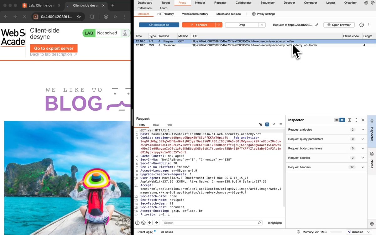 How to find viable targets for client-side desync attacks: 1️⃣ Open Burp Suite and intercept requests. 2️⃣ Choose an endpoint that wouldn't usually expect a POST request (e.g GET) and send it to repeater. 3️⃣ Go to Inspector > Request Attributes > Protocol field > Upgrade to HTTP/2. 4️⃣ Send the Modified Request and look for this error message: "Server ALPN does not advertise HTTP/2 support"... 5️⃣ Enable ALPN Override in request settings and send again. If you see "Stream failed to close correctly" then you've confirmed that the server does not support HTTP/2 and is a valid target for desync testing! Want to learn more about desync attacks? On August 6, at Black Hat USA, James Kettle from PortSwigger Research will reveal new classes of desync attack that enabled him to compromise multiple CDNs and kick off the desync endgame! 😲 Stay up to date here: