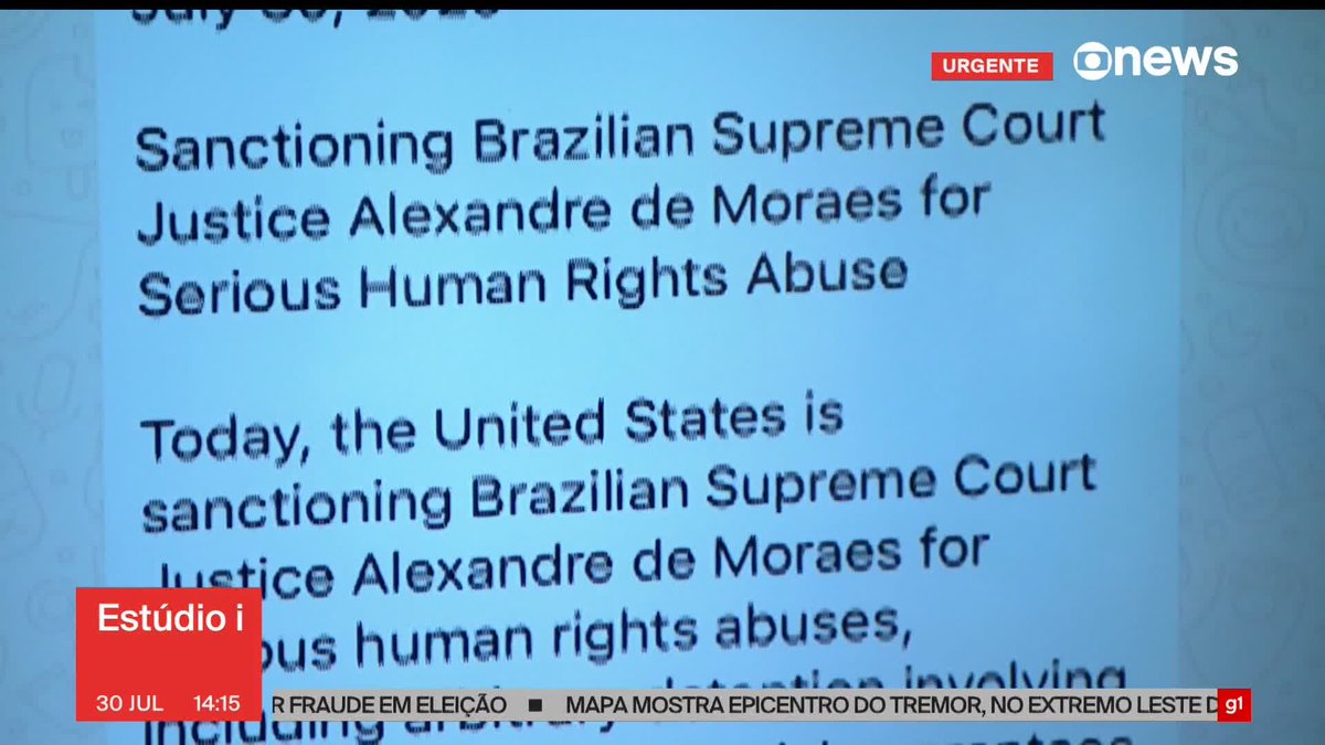 O secretário de Estado dos EUA, Marco Rubio, divulgou uma nota sobre a aplicação da Lei Magnitsky contra o ministro Alexandre de Moraes, do Supremo Tribunal Federal (STF). Segundo Rubio, as sanções contra Moraes são por “graves violações de direitos humanos” e “minar a liberdade de expressão”. Saiba mais. ➡ Assista ao #Estúdioi: #GloboNews
