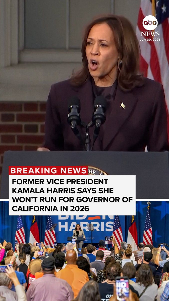 Former Vice President Kamala Harris announced Wednesday she will not run for California governor in 2026, after months of considering the prospect of being the chief executive of her home state. ABC News' political director Averi Harper has more.