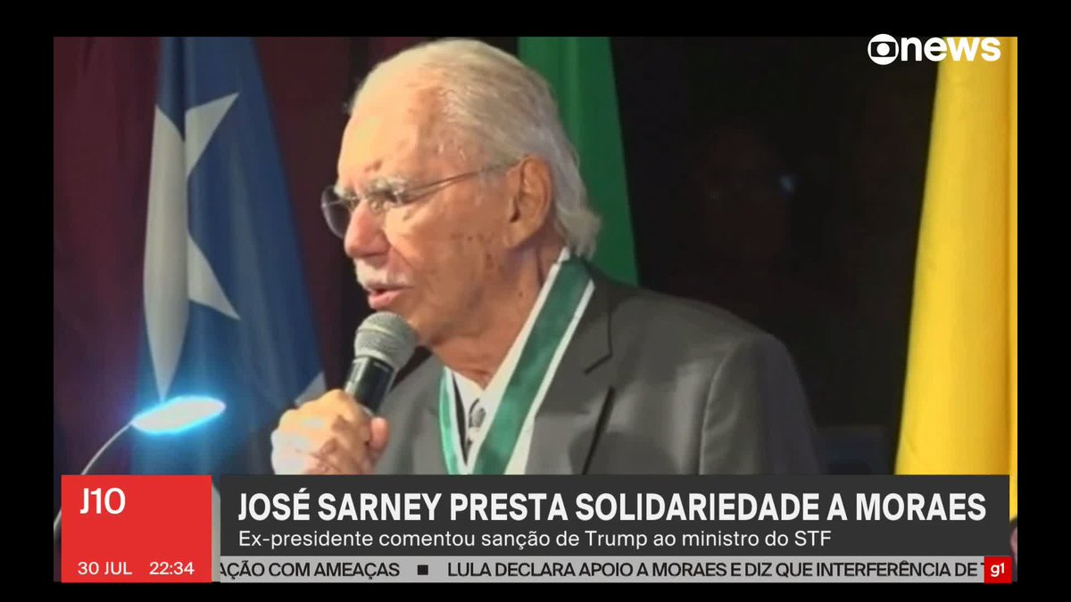 O ex-presidente da República José Sarney prestou solidariedade ao ministro Alexandre de Moraes em um discurso, na noite desta quarta-feira (30), em São Luís. "Sofrendo injustiças". ➡ Assista ao #J10: #GloboNews