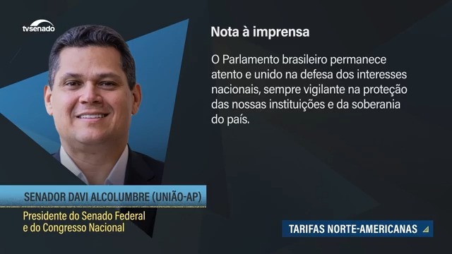 Presidente do Congresso, senador Davi Alcolumbre, divulgou nota sobre as #tarifas dos EUA aos produtos brasileiros. “O Parlamento brasileiro permanece atento e unido na defesa dos interesses nacionais, sempre vigilante na proteção das nossas instituições e da soberania do país”.