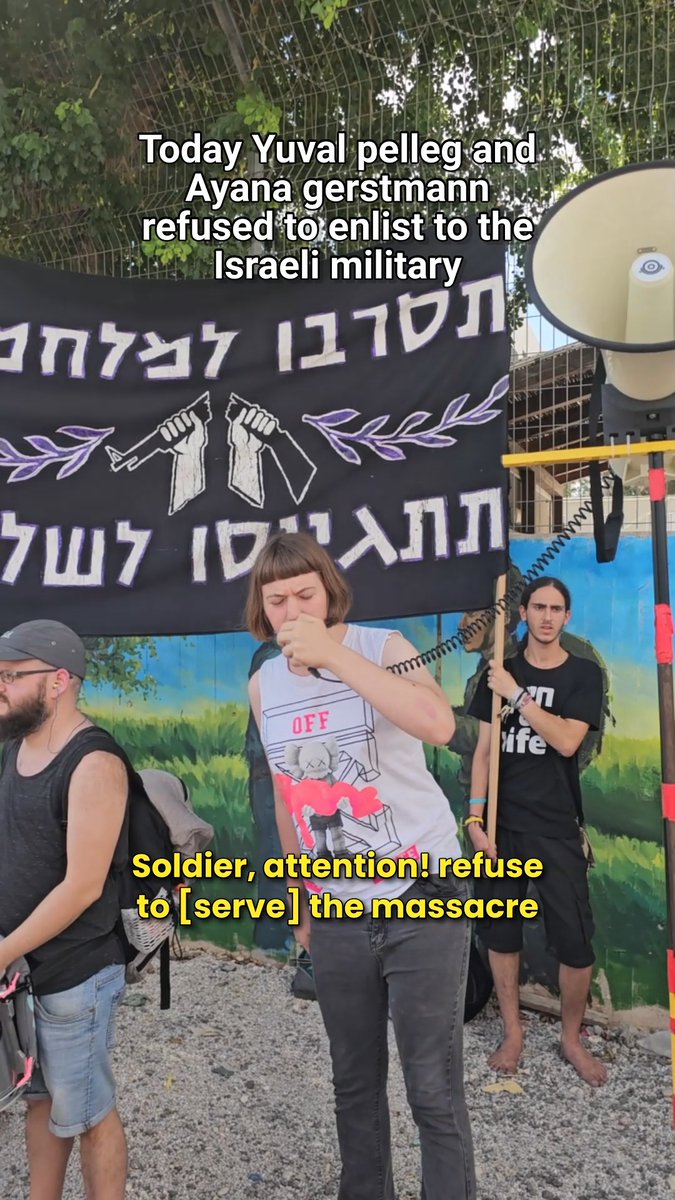 Today Yuval Pelleg and Ayana Gerstmann refused to enlist. They were sentenced to military prison, Yuval for 20 days, Ayana for 30. Many came to support them at the enlistment base, but some recruits attacked the protesters. After their release, they'll have to refuse again and face even longer sentences. Mesarvot