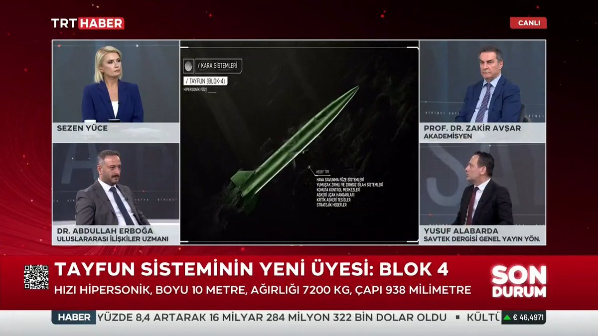"(Hipersonik Balistik Füze TAYFUN BLOK-4) Hiç kimseye karşı bir saldırı maksadı oluşturulsun ve sebepsiz yere saldırılsın diye bunlar üretilmiyor ama herkes müsterih olsun ki, menzili tehdit oluşturacak bütün yerlere yetecek durumda." Yusuf Alabarda-SAVTEK Dergisi Gen. Yay. Yön.