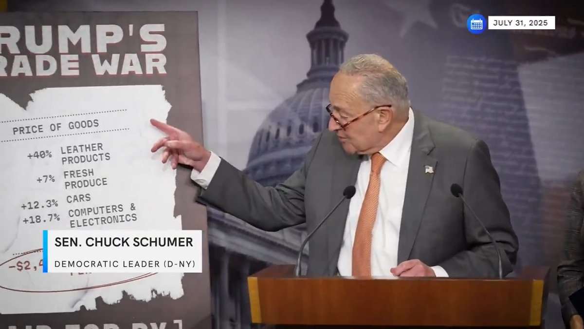 Trump’s tariffs are nothing more than a tax on the American people It is estimated the average American family will pay $2,400 more a year because of the Trump Tariff Tax Chuck Schumer lays it out: