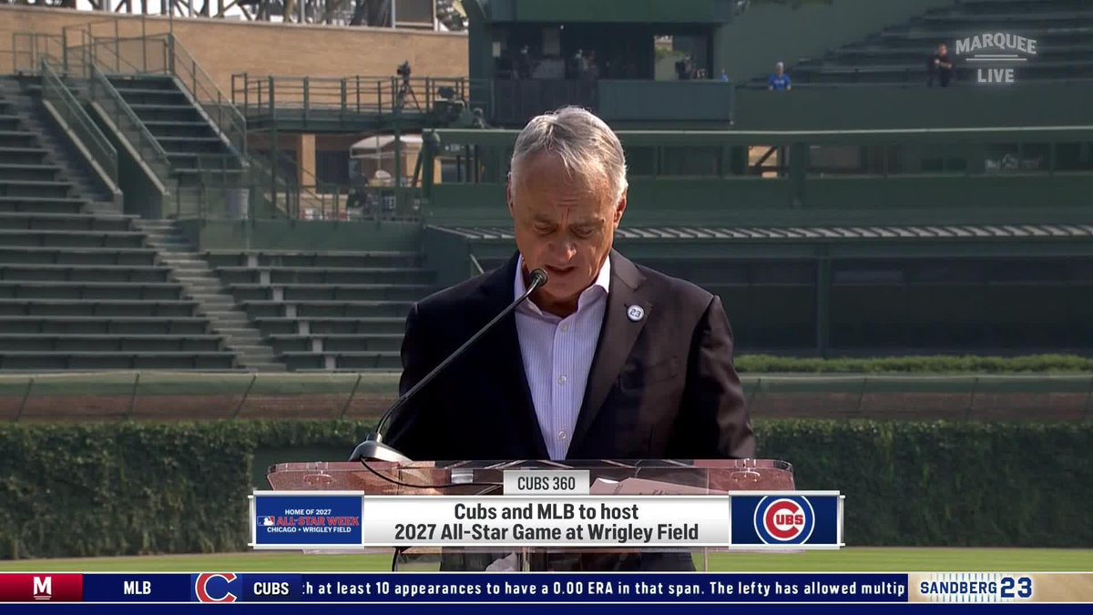MLB Commissioner Rob Manfred awards the 2027 All-Star Game to Wrigley Field and the Cubs! The game will be played on July 13th, 2027.