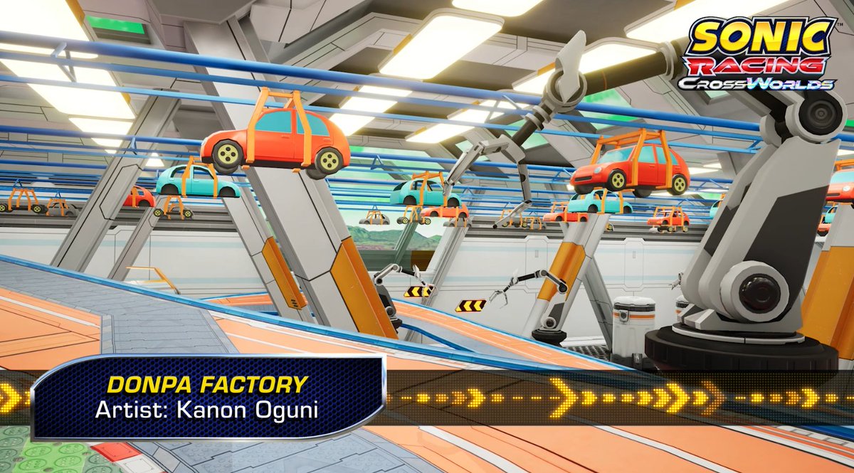 Race through showrooms, over conveyor belts, and test your limits in the high-tech Donpa Factory! Pre-order Sonic Racing: CrossWorlds today!