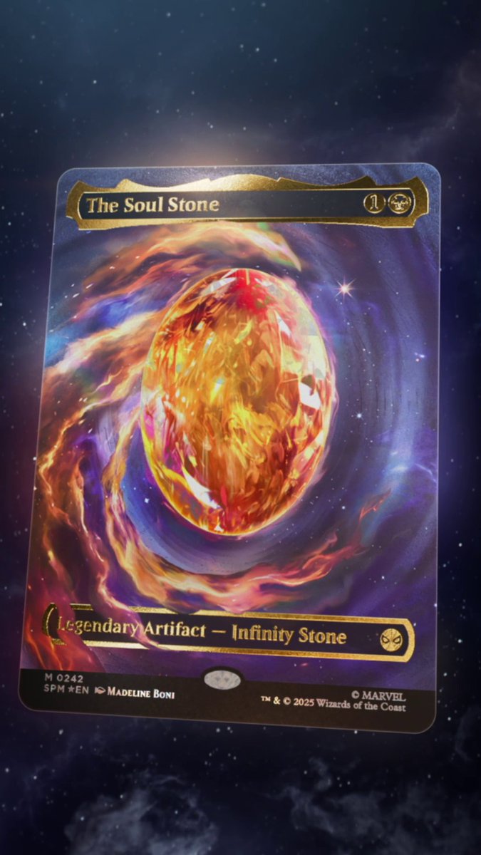 Revealed earlier today by Marvel Entertainment as part of #SpiderManDay: Spidey fans can seize the essence of life with our first Cosmic Foil Infinity Stone: #MTGxSpiderMan's Headliner card. This version found exclusively in Collector Boosters.