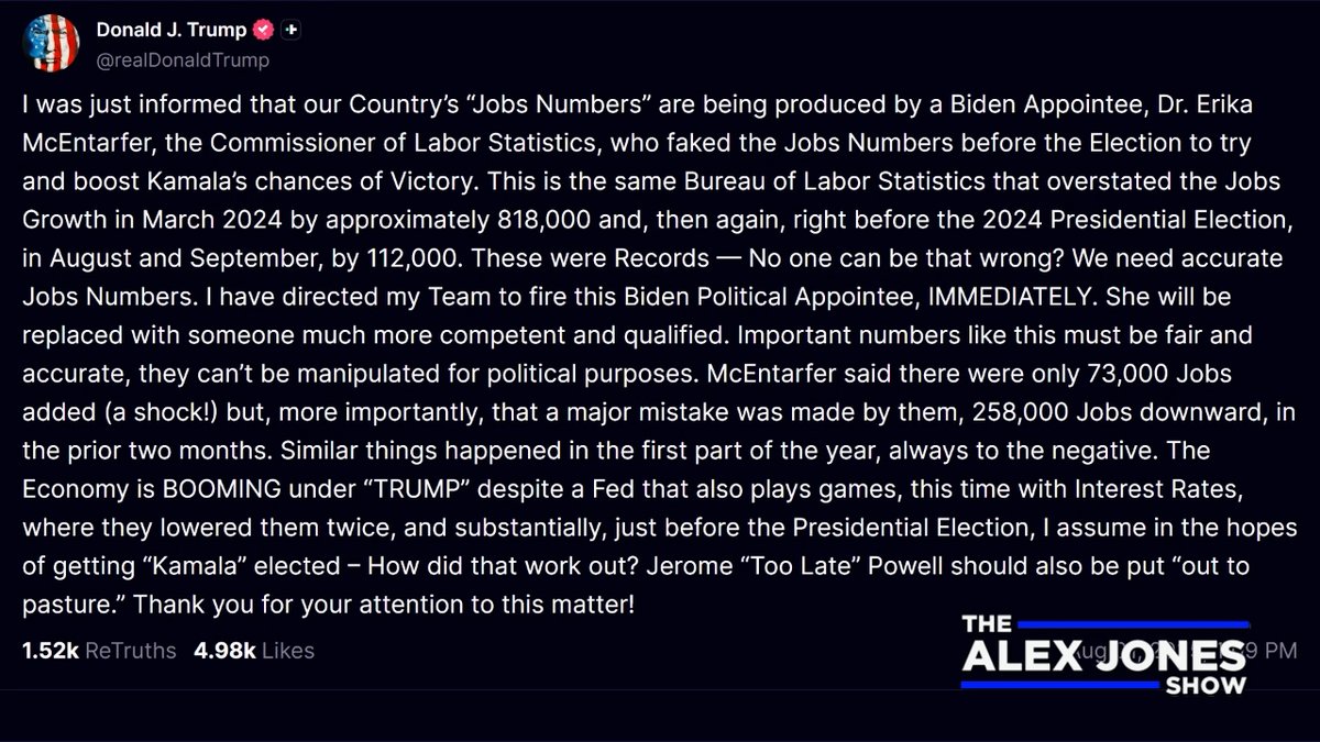 BREAKING: Trump Just FIRED The Commissioner Of Labor Statistics After She Put Out Incredibly Fake Job Reports The President Moves To Put Someone In Who Will Find Out The Truth!