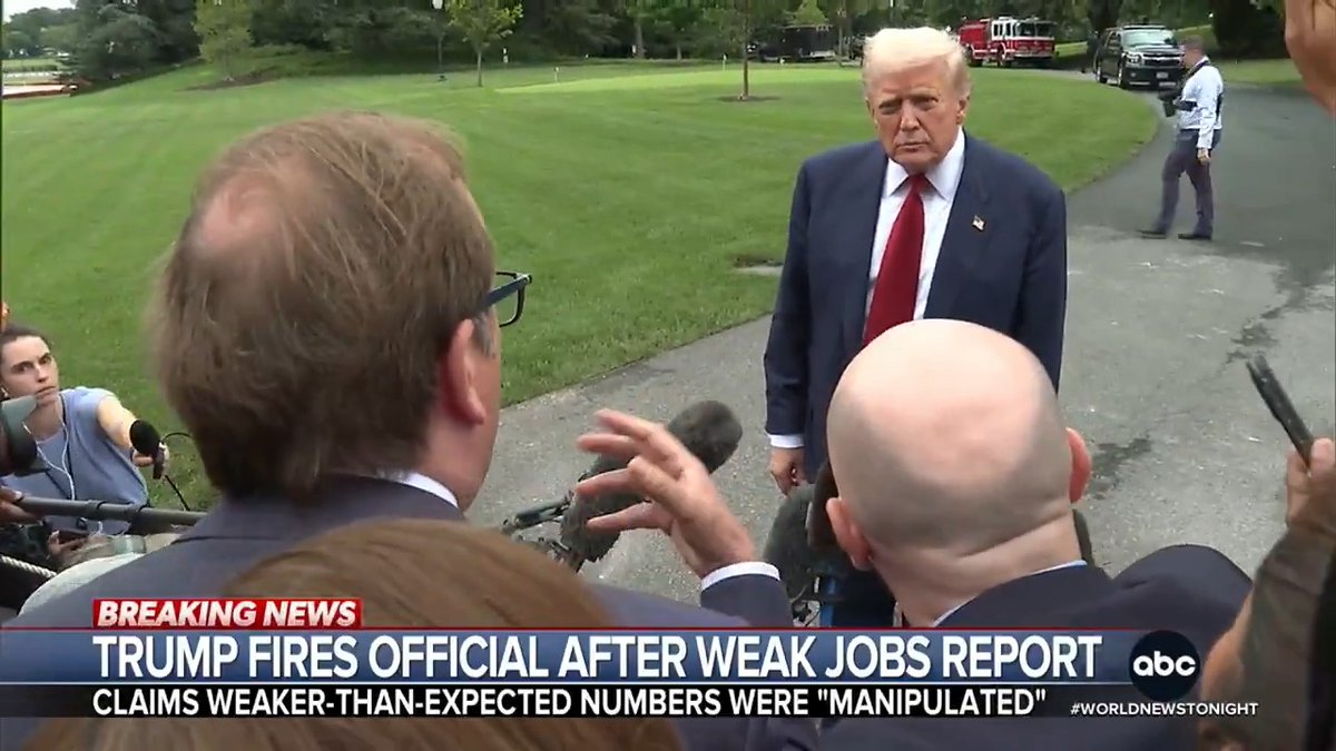 After a weaker than expected jobs report, Pres. Trump fired the commissioner of the Bureau of Labor Statistics, claiming without providing evidence that the numbers were "manipulated." @JonKarl reports.
