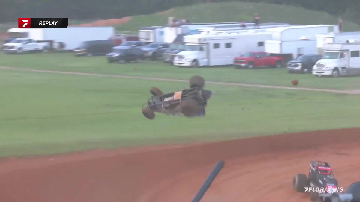 AIRBORNE! Kale Drake able to walk away from this huge launch during #USAC heat races at Bloomington Speedway.