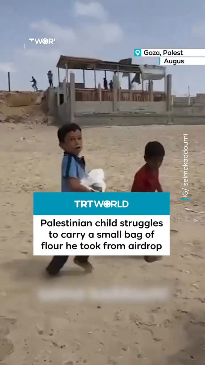 A Palestinian child struggles to carry a small bag of flour he received from an airdrop in Gaza as the Israeli blockade worsens the humanitarian crisis in the region