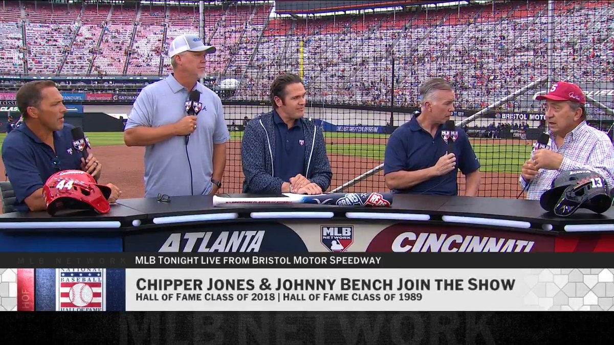 Listen up, hitters!!! It doesn't get much better than talking hitting philosophy with Hall of Famers Johnny Bench &amp; Chipper Jones. #SpeedwayClassic