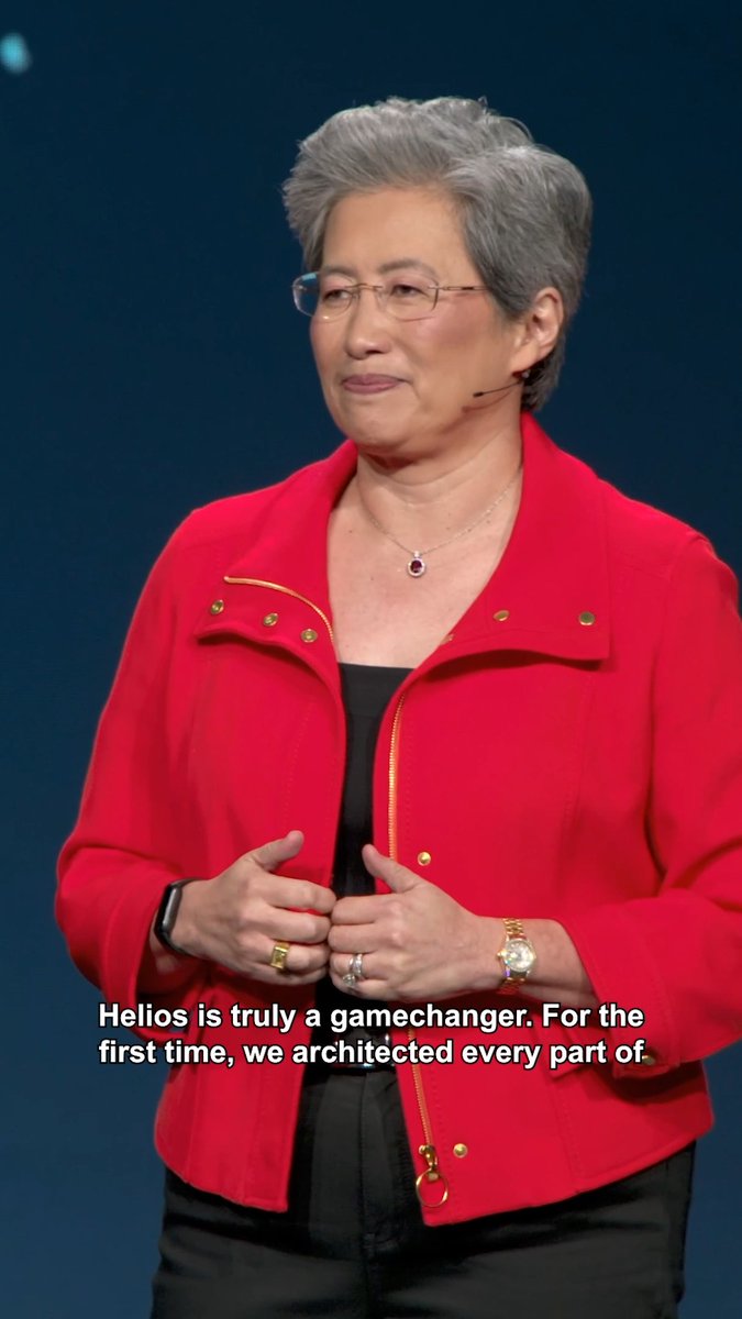 “Helios is truly a gamechanger.” Well said, Dr. Lisa Su. This unified rack system, integrating AMD CPUs, GPUs, Pensando NICs, and ROCm software, is purpose-built for the most demanding AI workloads. Helios delivers leadership memory, bandwidth, and interconnect speed. 2026 is not that far away. Get ready! #AdvancingAI