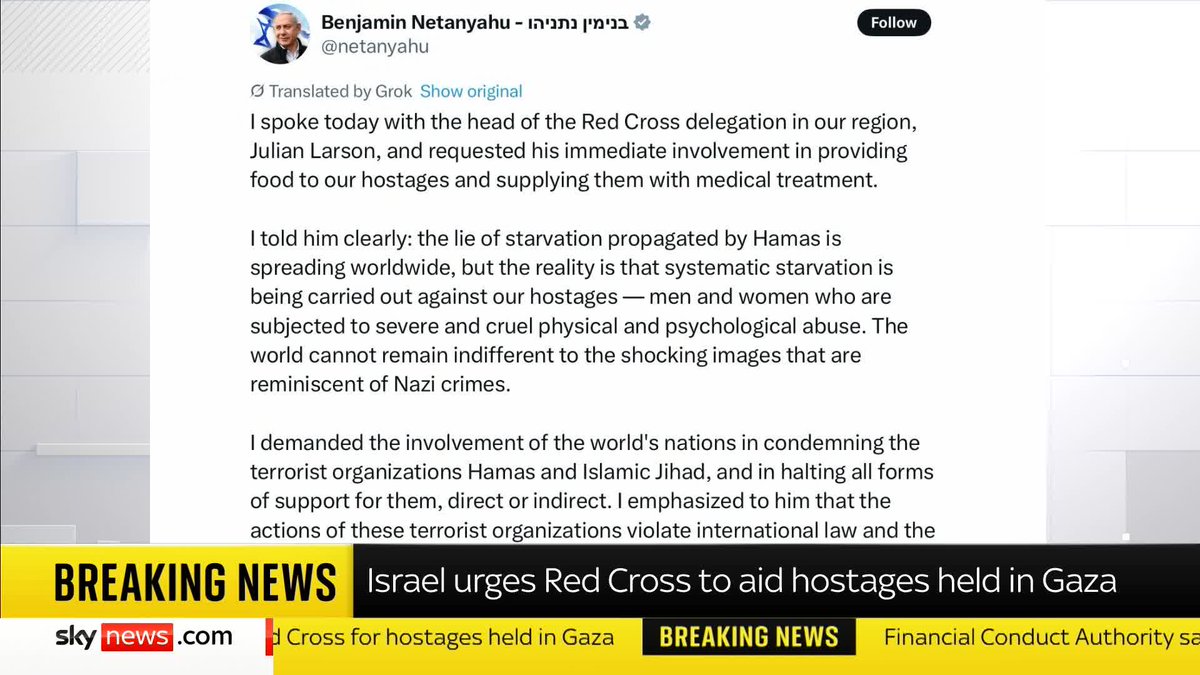 BREAKING: Netanyahu has requested the Red Cross's involvement in supplying food and medical aid to hostages He said Hamas's 'starvation lie' is being spread around the world, while Israeli hostages are being 'systematically starved' Read more: