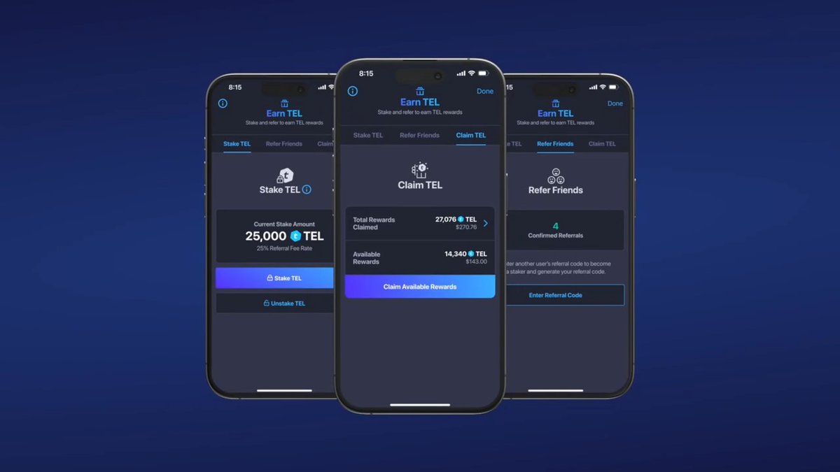 Earn rewards with your friends! Stake $TEL and claim a share of your referred users’ trading fees. Just tap “Earn TEL” in the Telcoin Wallet to get started.