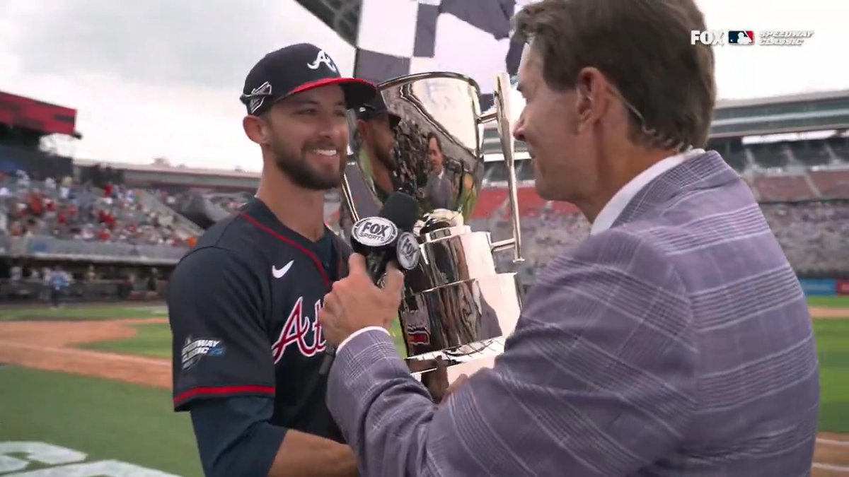 Eli White hoists the trophy after the Atlanta Braves win the first ever Speedway Classic! 🏆