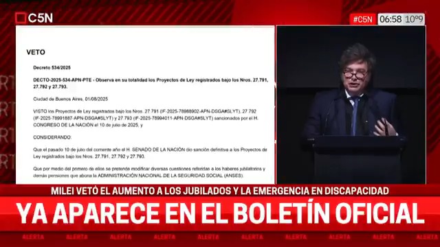 🏛️ Ya aparece en el Boletín Oficial: Milei vetó el aumento a los jubilados y la emergencia en discapacidad 📺 Sumate al vivo por #C5N y en