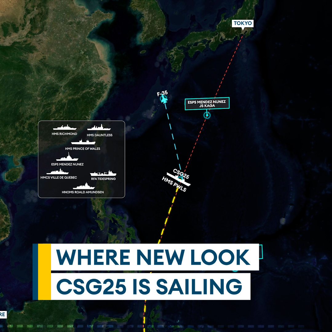 CSG25 looking towards Asia🚢 The Carrier Strike Group 2025 has welcomed the Australian Navy's HMAS Brisbane as its mission continues off the west coast of Australia. Where next for the new look #CSG25?🧐🔗