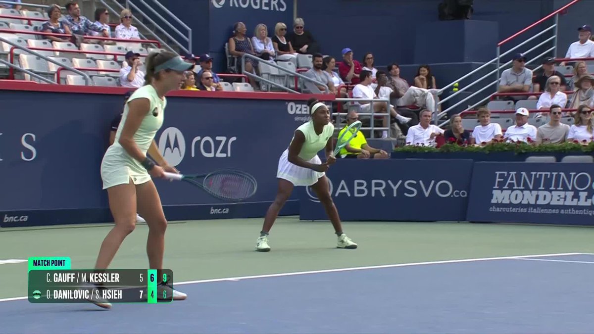 Three cheers for CoCart ๐คฉ After a tough three setter, Coco Gauff and McCartney Kessler defeat Danilovic/Hsieh, 5-7, 6-4, 10-6, to reach the Montreal doubles final! #OBN25