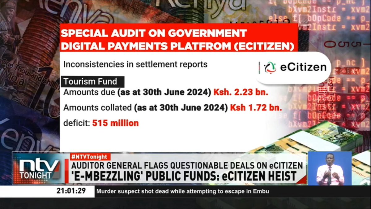 'E-mbezzling' Public Funds: eCitizen Heist The eCitizen platform, which was meant to streamline govt payment services, is emerging as a bottomless sinkhole, where billions of shillings vanish without a trace Fresh revelations by Auditor General show. #NTVTonight Ibrahim Karanja.