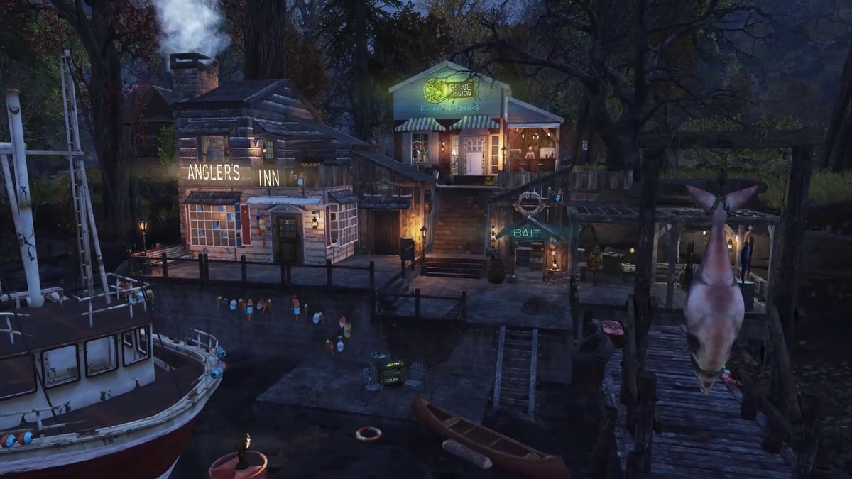 🎣Congrats to Mimi_F, winner of the Basic C.A.M.P. category in our #Fallout76 Fishing C.A.M.P. contest! Their build, Angler's Inn, is a rustic waterside retreat complete with fish 'n chips, bait signs, and dockside charm.