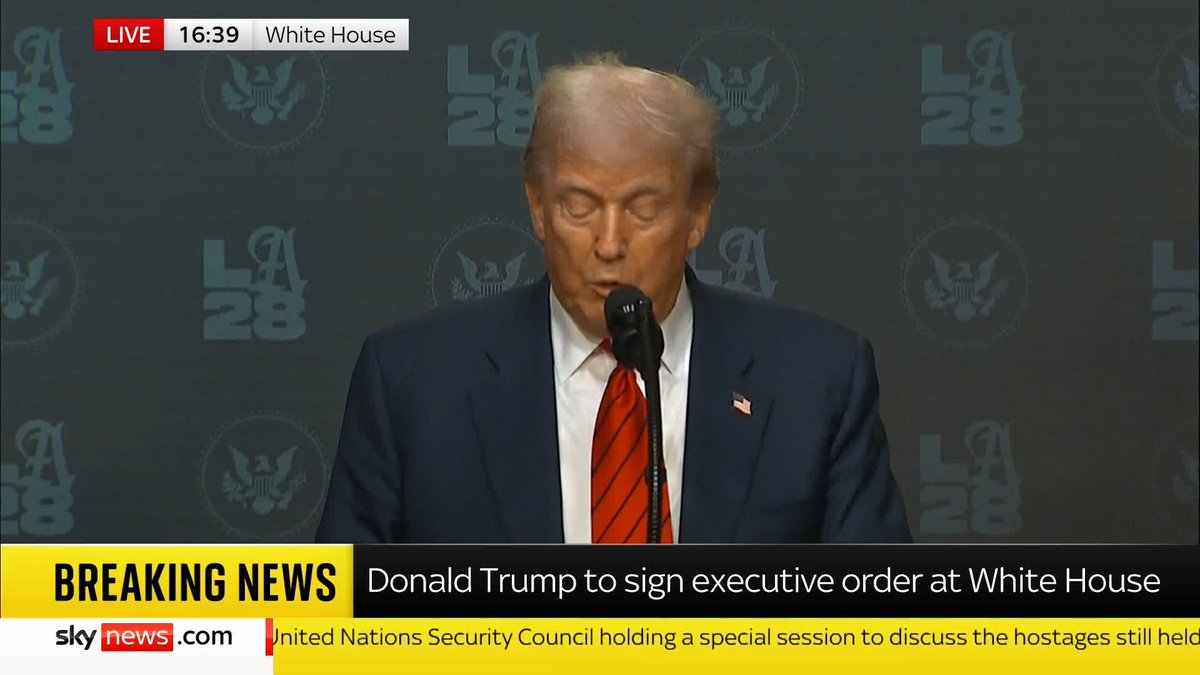 Donald Trump to sign an executive order the 2028 LA Olympics, establishing a White House task force. 📺 Sky 501, Virgin 602, Freeview 233 and YouTube