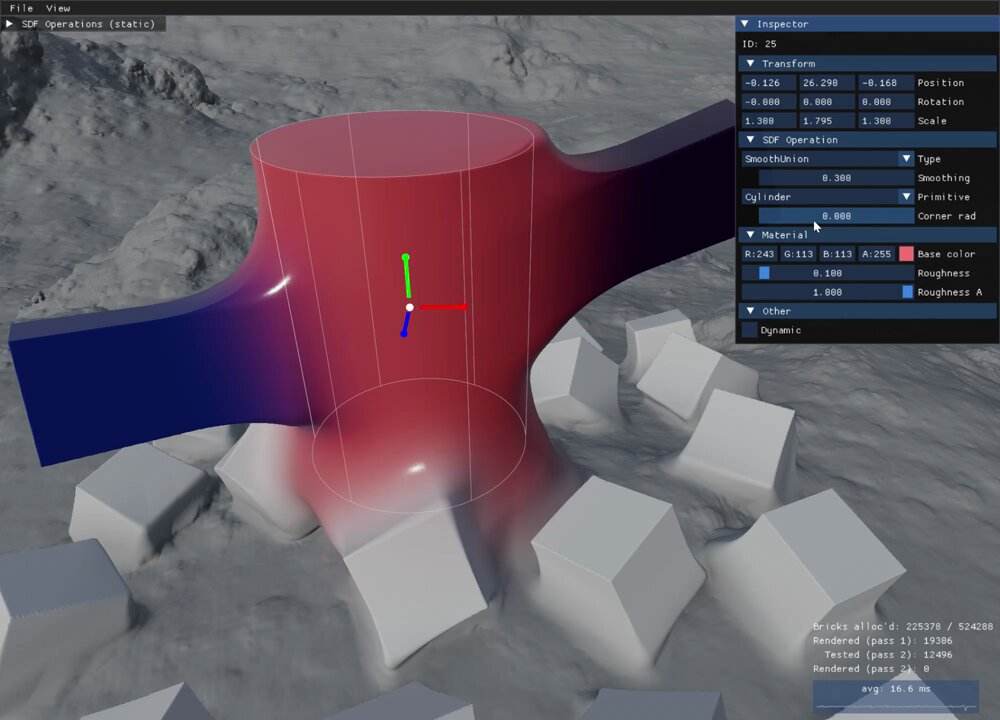 Added "corner radius" / rounding, which is easy to apply to any SDF shape that has an exact (outer) distance function - just subtract the radius from the scale and then offset the computed distance by the same radius. So you get rounded shapes "for free" with 1 subtraction. 1/