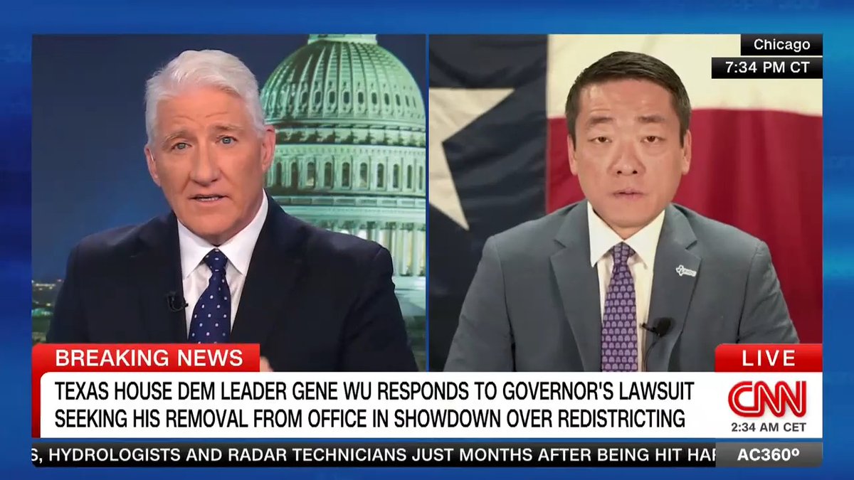 "This is not my seat and it's sure as hell not Governor Abbott's seat. This seat belongs to the people of the state of Texas": Gene Wu responds to the governor's attempt to remove him from office for fleeing the state to prevent a vote on the new congressional maps.