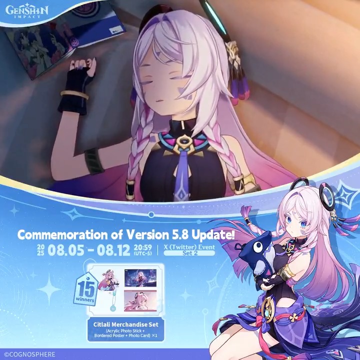 ✨Set 2✨ Commemoration of Version 5.8 Update 🎁Participate for a chance to win official merchandise. How to Participate: ① Follow Genshin Impact ② Retweet this post You can instantly check the event results here>>> #GenshinImpact