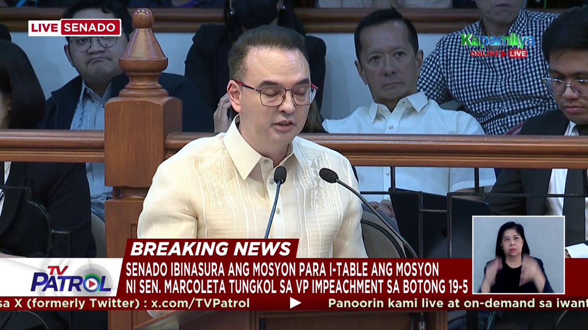 Sa botong 19-5, ibinasura ng Senado ang mosyon na i-table muna ang mosyon ni Senador Rodante Marcoleta para i-archive ang articles of impeachment laban kay Vice President Sara Duterte.