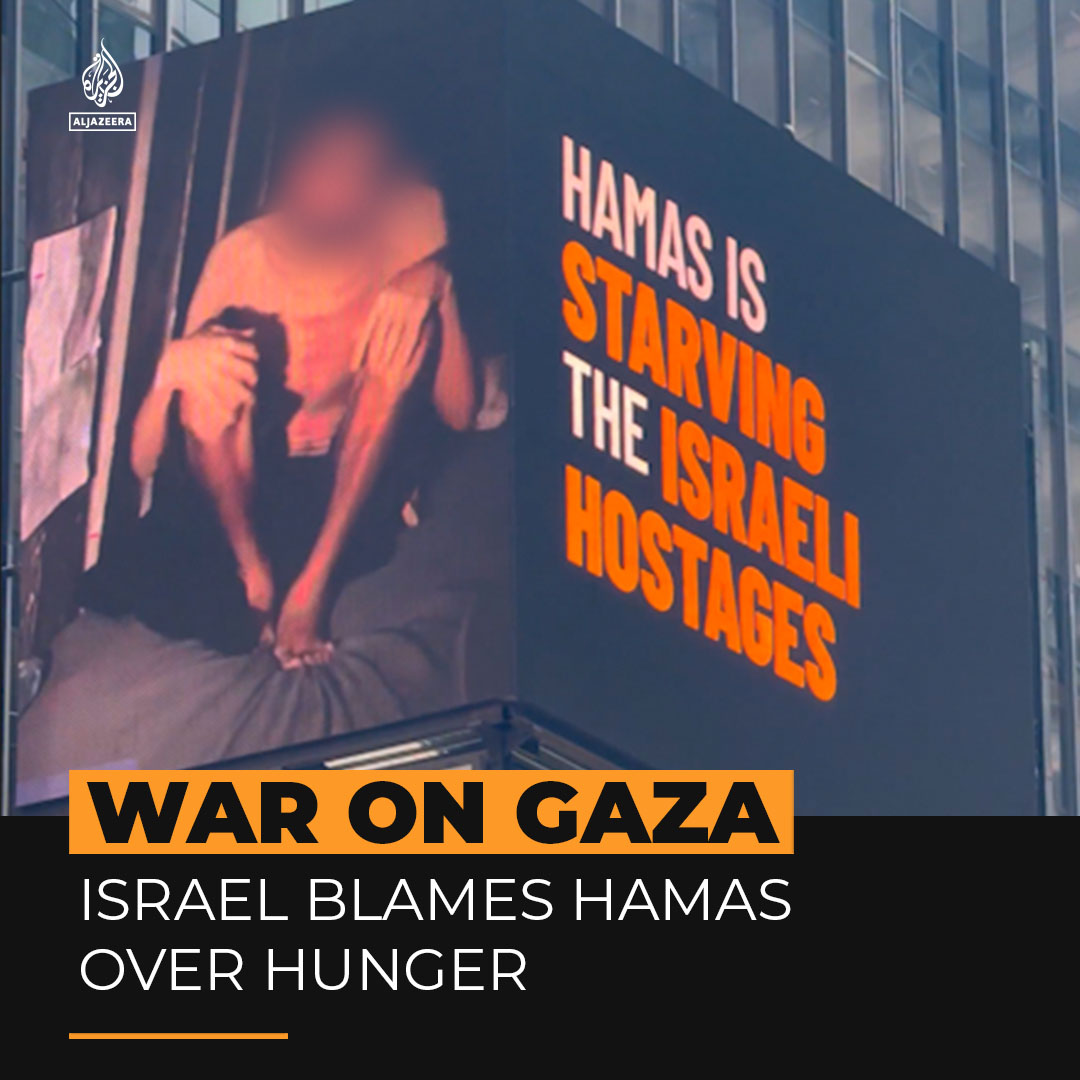 Israel is trying to send a message that Hamas starves people by using images of captives on billboards in Times Square and at the latest UN meeting. Rights groups say it is Israel who is starving Palestinians to death.