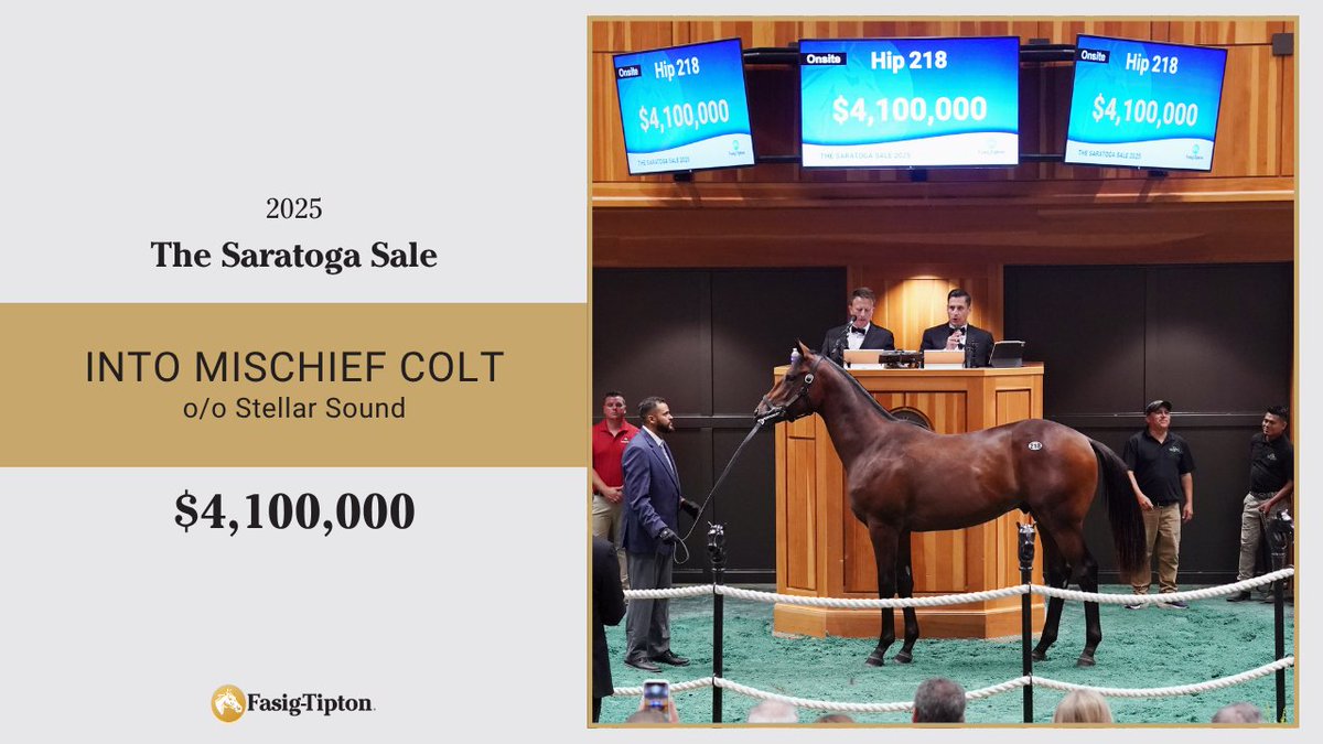 📽️ Watch Hip 218, a colt by INTO MISCHIEF, sell for $4,100,000 to top the 104th Saratoga Sale!