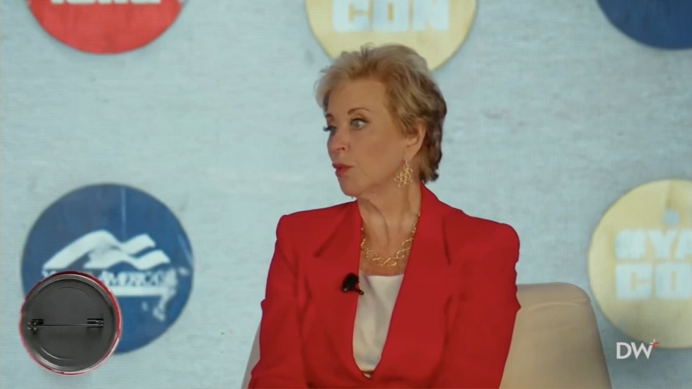 Education Secretary Linda McMahon is interrupted by circus music as she speaks