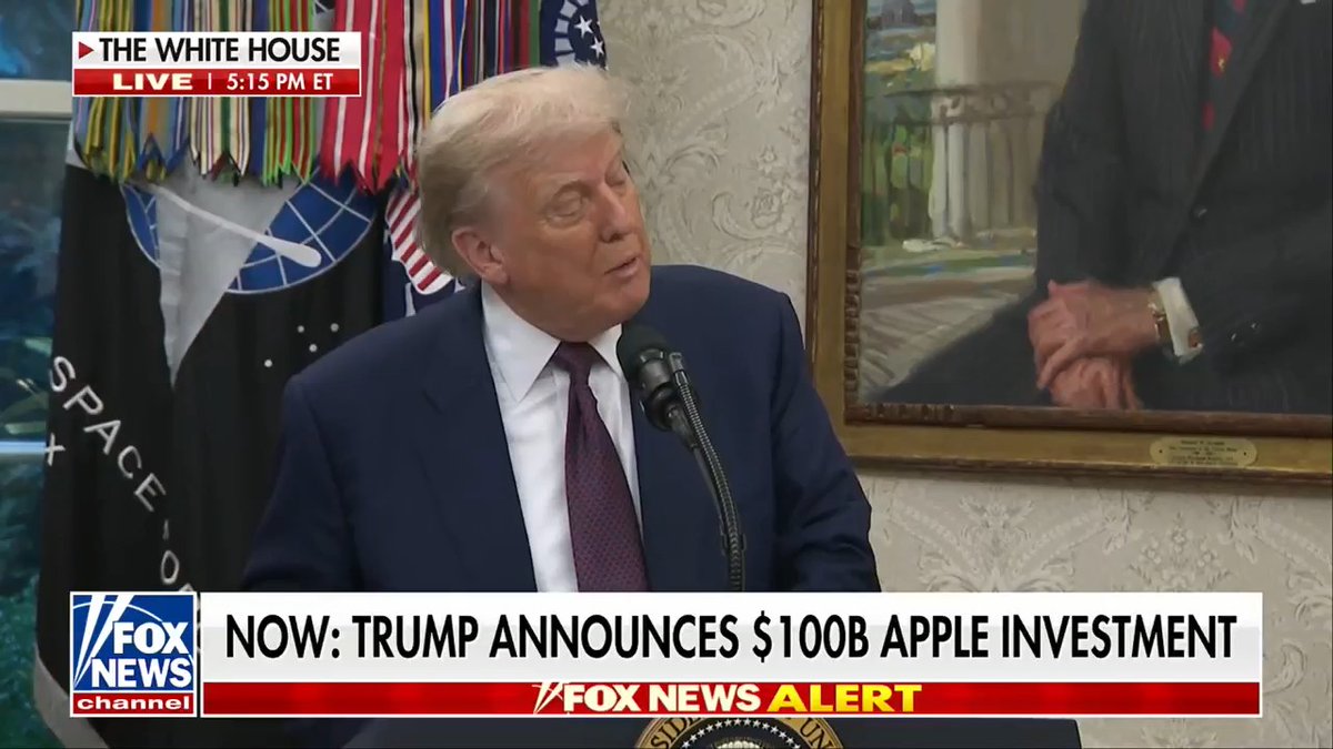 Apple CEO Tim Cook presents President Trump with an American-made gold gift from Apple as the company announces a $100 billion investment in the U.S.