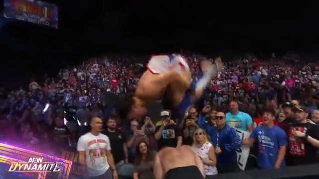 BACKFLIP KNEE DROP ON THE BARRICADE! Watch #AEWDynamite LIVE on TBS & HBO Max