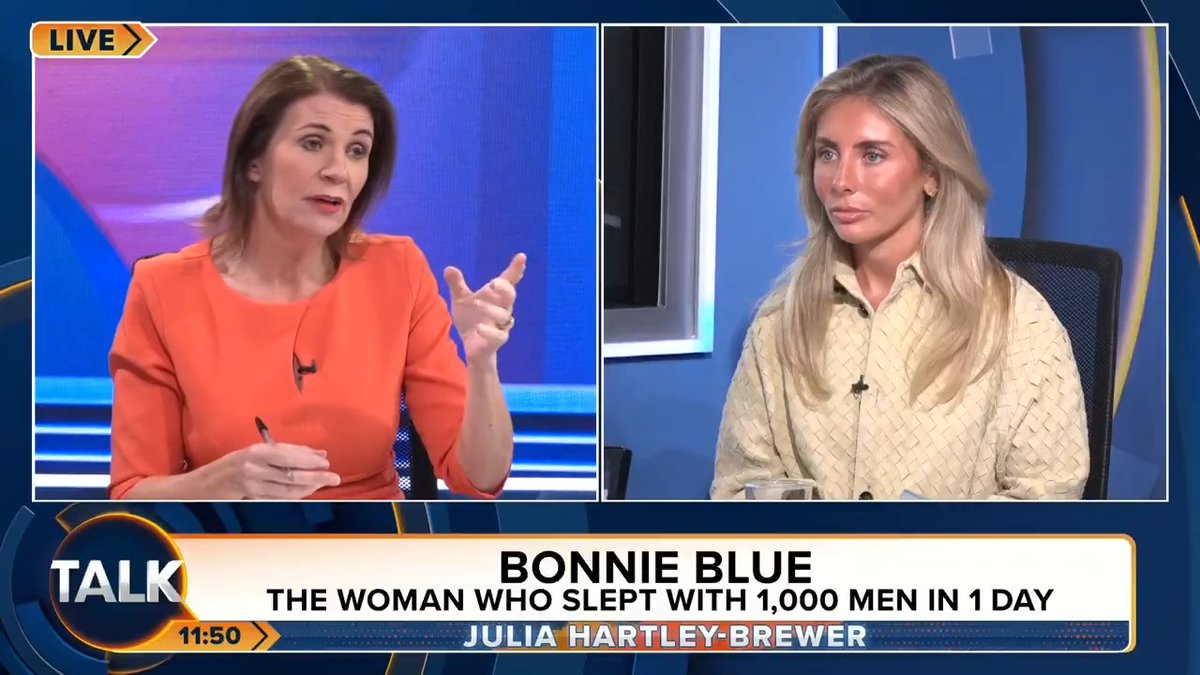 Julia Hartley-Brewer grills pornstar Bonnie Blue on the effect her "horrifying" videos have on society. Bonnie Blue: "I do really good for society - the amount of husbands I pleasure, students I actually educate." Julia: "You're telling young women this is normal?!" Julia Hartley-Brewer
