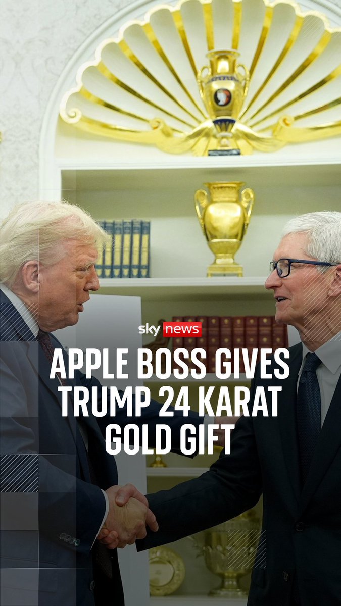 Apple's chief executive has gifted President Trump a plaque with a 24 karat gold base, as the President announced plans for fresh tariffs.