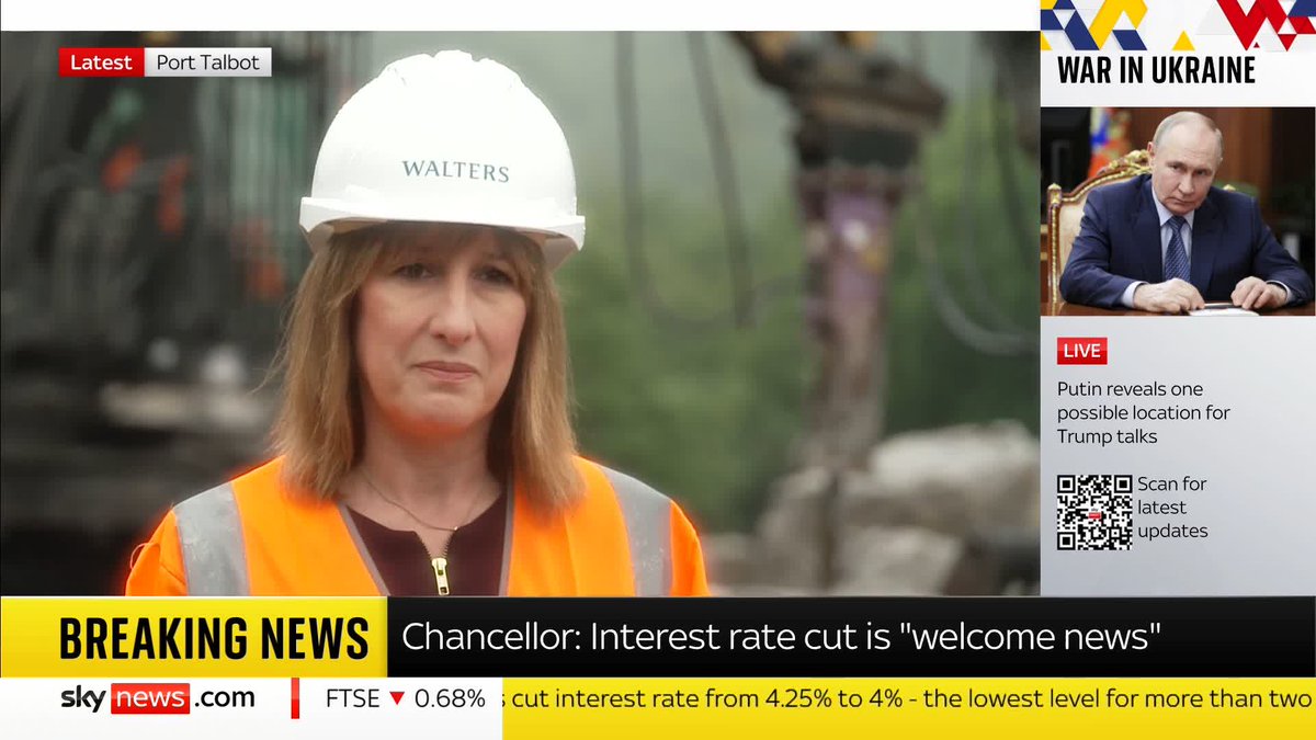 The Bank of England has cut interest rates for the fifth time in a year to 4%. Chancellor Rachel Reeves says she welcomes the decision, adding that the government has brought "stability" to the economy. Latest ➡️ 📺 Sky 501, Virgin 602 and YouTube