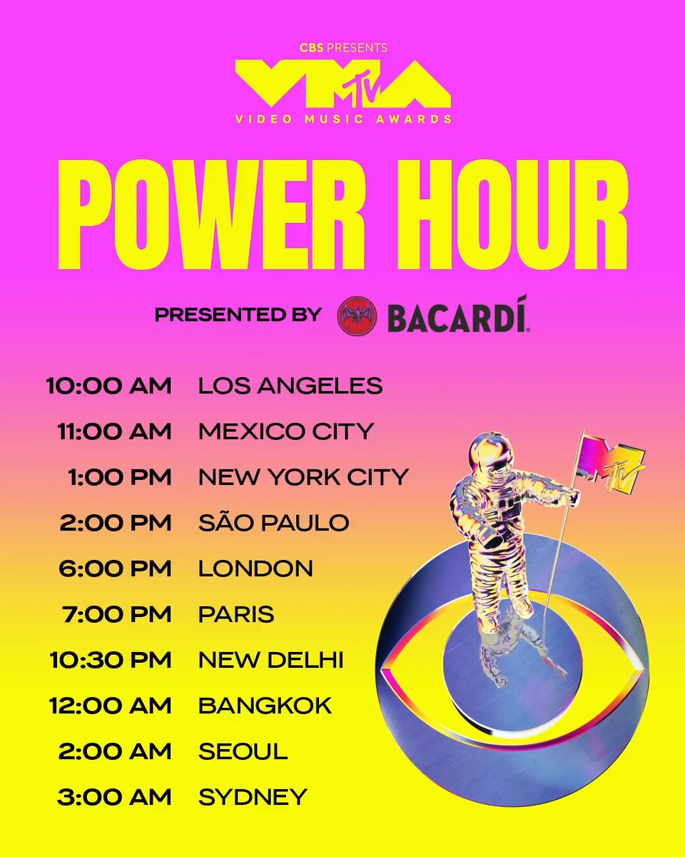 ❗️ IT'S TIME❗️ Set your reminder because starting today, you get DOUBLE the votes for 1 hour a day, everyday at during #VMA Power Hour, presented by @Bacardi! Check your time zone! ⬇️