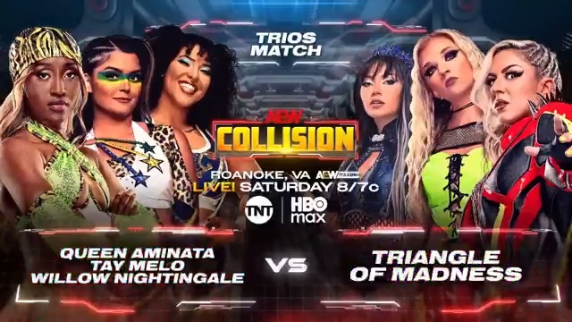 #AEWCollision 8pm ET/7pm CT, TNT + HBO Max This Saturday! Queen Aminata クィーンアミナタ/TAY MELO/Willow Nightingale vs @SkyeByee/julia hart/Thekla テクラ After Triangle of Madness attacked Willow last week, Queen Aminata + Tay Melo will join Willow to collide vs Skye, Julia + Thekla THIS SATURDAY!
