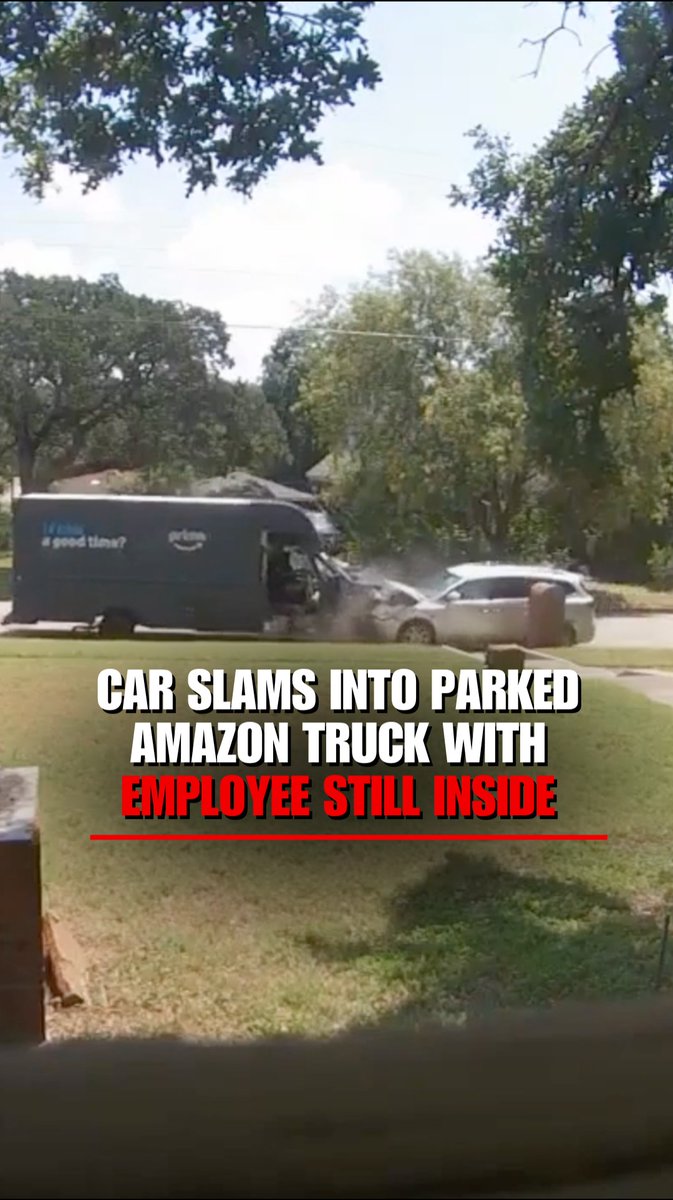 Doorbell camera captures a shocking head-on collision involving an Amazon truck with an employee inside, limping away from the scene.