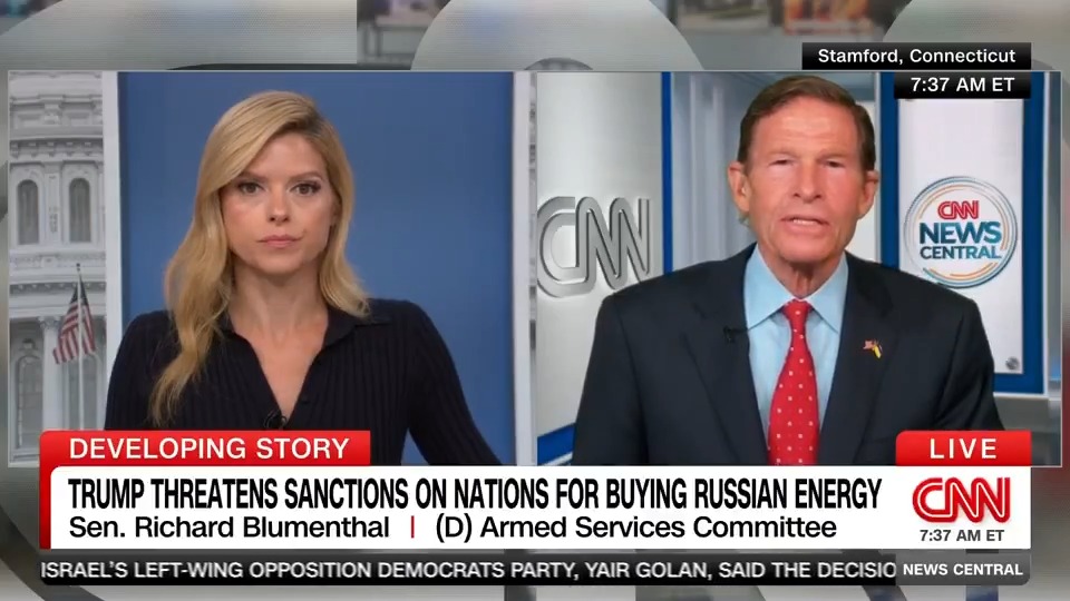 "I believe that his credibility will be damaged if he fails to follow through" Richard Blumenthal tells Kate Bolduan that President Trump must impose secondary sanctions now that his self-imposed deadline has arrived for Russia to end its war in Ukraine.