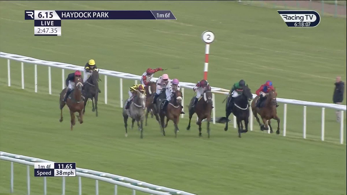 RATTLED HOME 🌬️ Arcon comes home like a train to strike under Jamie Neild. 🩷💙 JennieCandlishRacing | Haydock Park Races