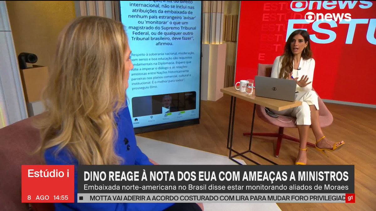 Dino responde à ameaça contra Moraes com aviso à embaixada dos EUA. #Estúdioi ➡ Assista à #GloboNews:
