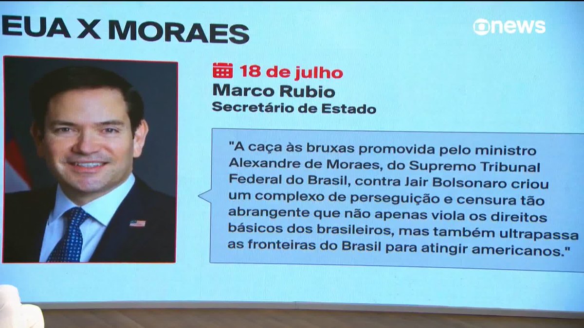 “Não cabe aos Estados Unidos avaliar o que está acontecendo no Brasil ou decisões de um ministro da Suprema Corte. Isso viola claramente a soberania brasileira”, diz Daniel Sousa, que relembra algumas das principais falas do governo Trump contra o ministro Alexandre de Moraes, do Supremo Tribunal Federal (STF). “É algo no mínimo estranho. Os Estados Unidos não têm essa tradição. Na época do ‘Big Stick’, o Ted Roosevelt, então presidente americano, falava ‘tenha uma fala mansa, mas carregue um grande porrete em suas mãos’. Os Estados Unidos não estão tentando ‘fala mansa’ nenhuma, estão só com o ‘grande porrete’ nas mãos, que tem maltratado muito de seus parceiros e aliados pelo mundo.” ➡ Assista ao #Estúdioi: #GloboNews