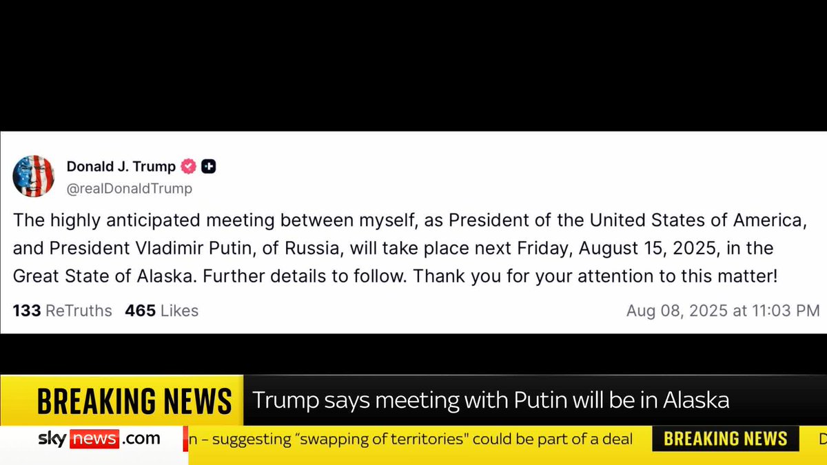 BREAKING: Donald Trump has said he will meet Vladimir Putin in the US state of Alaska next Friday Follow our live blog for more🔗 📺 Sky 501, Virgin 602, Freeview 233 and YouTube